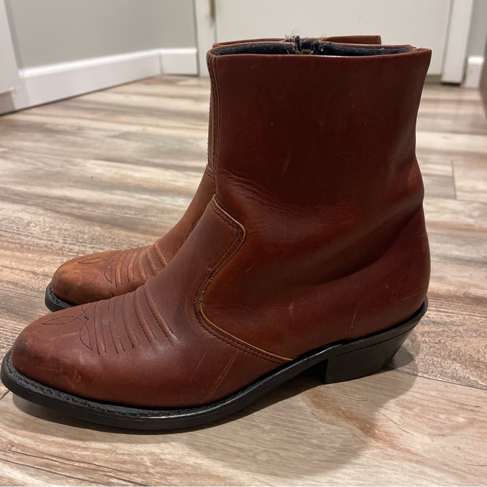 Double-H Western Zipper Boots Oil Brown Leather 1714 Side Zip Men's US 8 EE